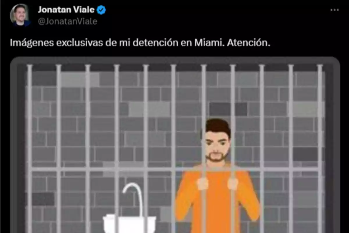 Una ilustración de un hombre con barba y cabello oscuro, vestido con un uniforme naranja, sosteniendo los barrotes de una celda de prisión. Al fondo, se ve una pared de ladrillos grises y un lavabo blanco.