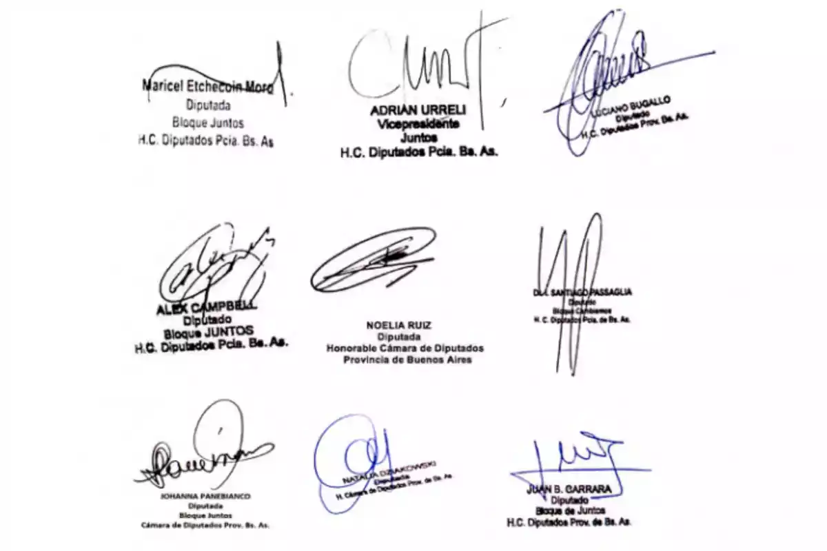 Una imagen que muestra varias firmas de diputados de la Honorable Cámara de Diputados de la Provincia de Buenos Aires, pertenecientes al bloque Juntos.