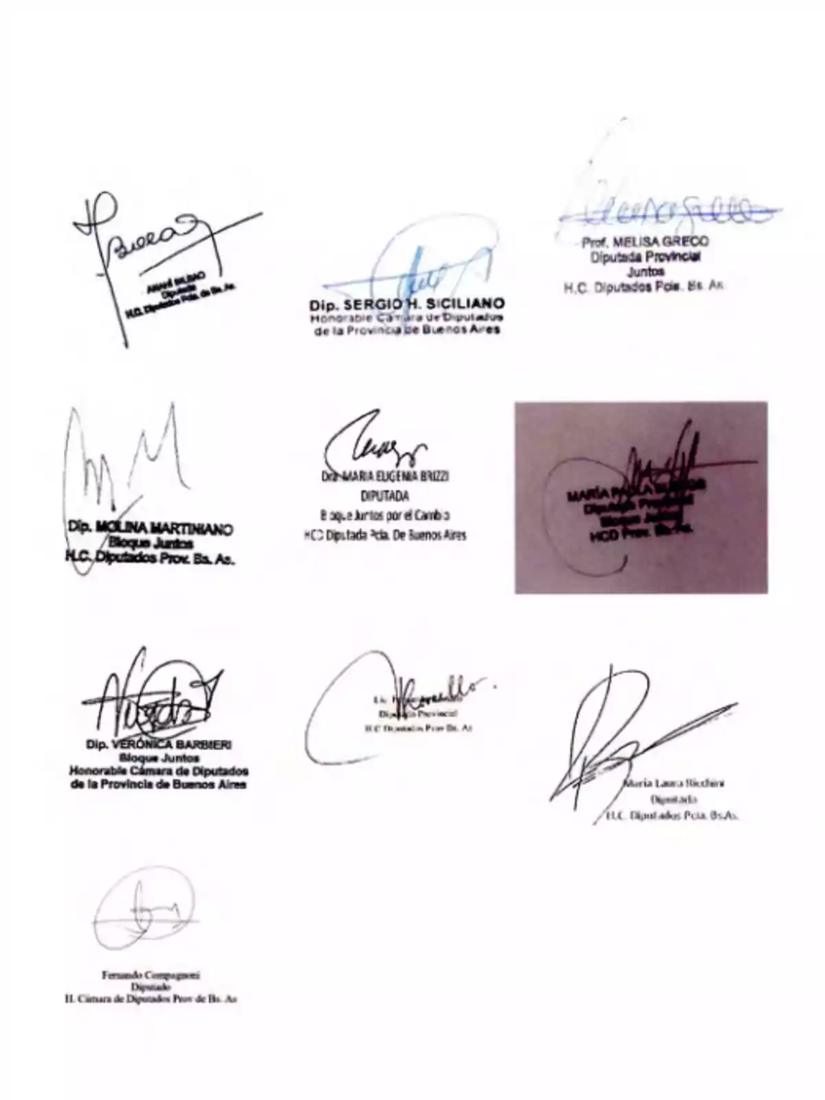 Una hoja con varias firmas y sellos de diputados de la Provincia de Buenos Aires.