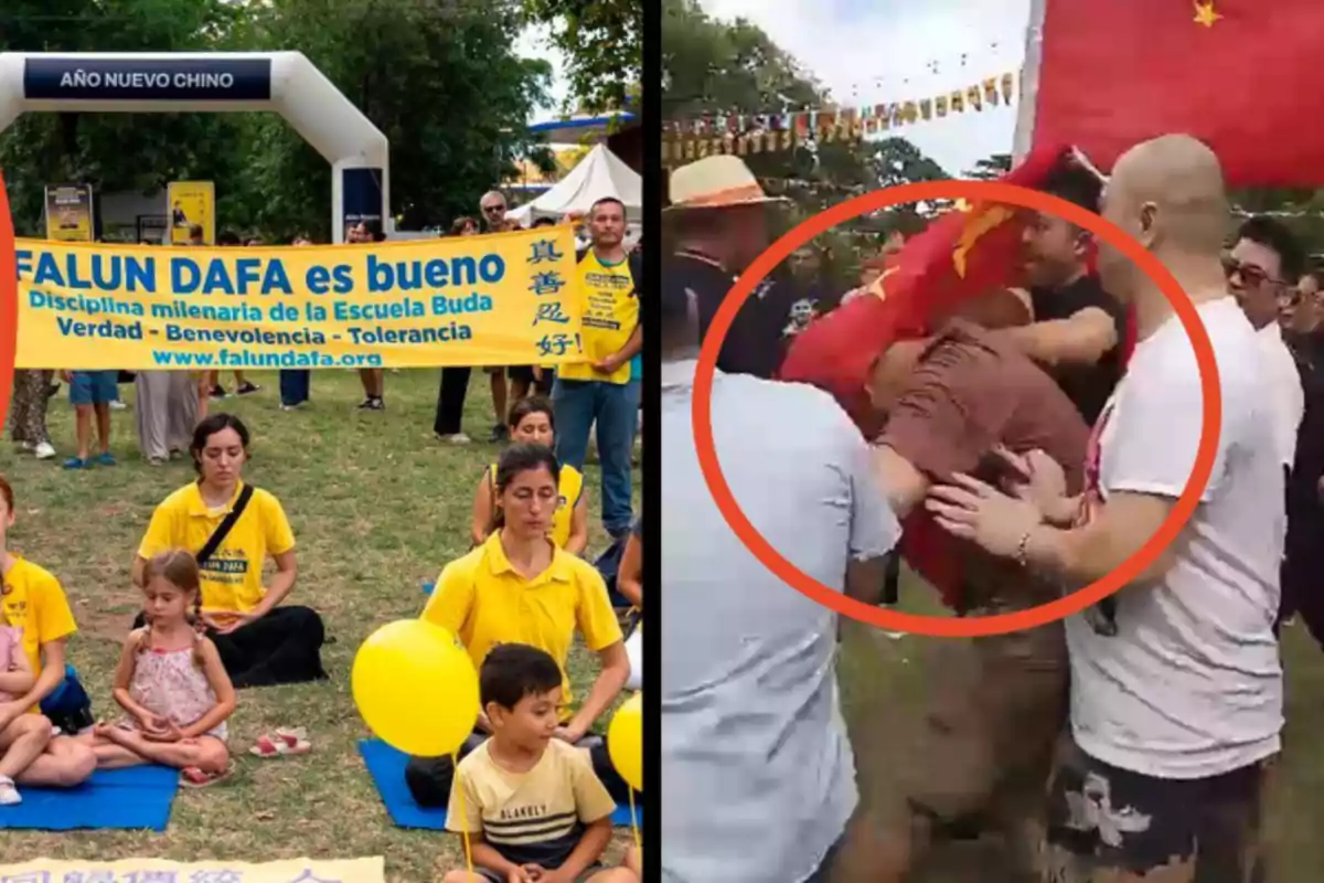 Un grupo de personas vestidas de amarillo medita en un parque con un cartel que dice "FALUN DAFA es bueno" mientras que en la otra parte de la imagen se observa un altercado entre varias personas rodeadas por un círculo rojo.