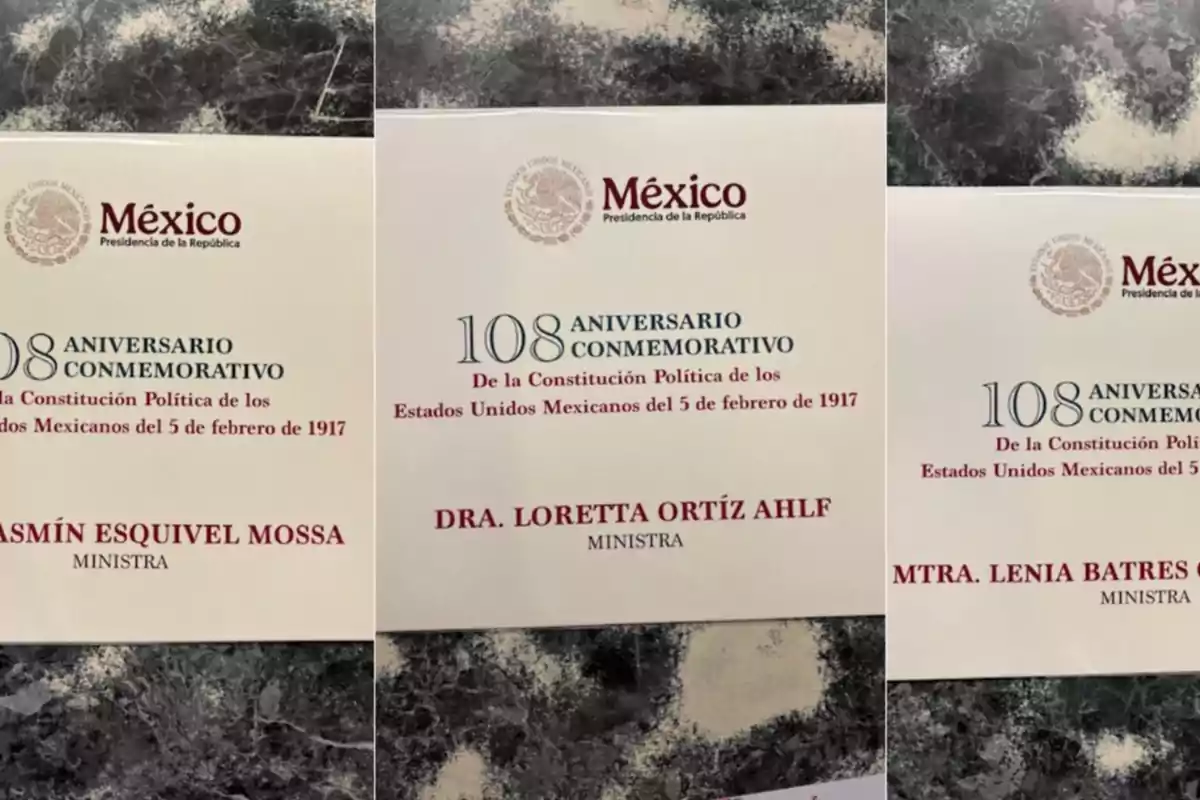 Tres tarjetas conmemorativas del 108 aniversario de la Constitución Política de los Estados Unidos Mexicanos, cada una con el nombre de una ministra diferente.