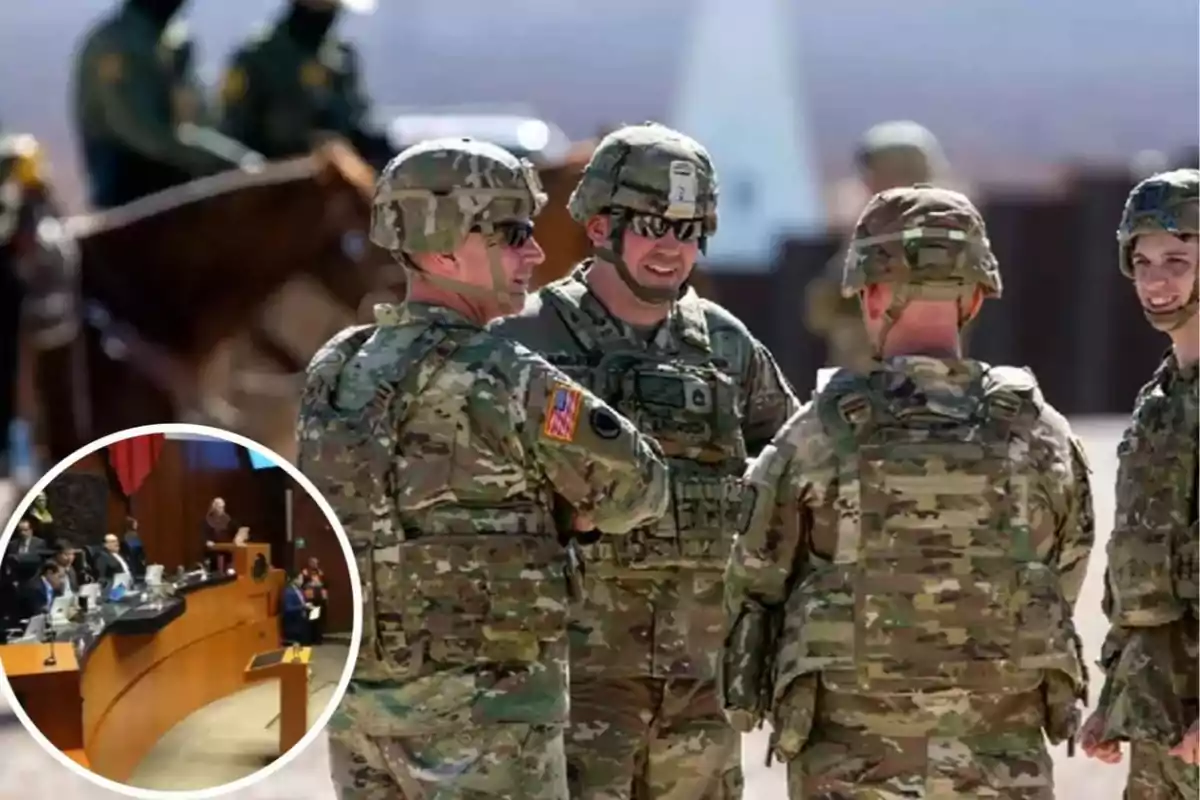 Un grupo de soldados con uniformes de camuflaje conversa al aire libre, mientras en un recuadro se observa una sesión en un recinto legislativo.