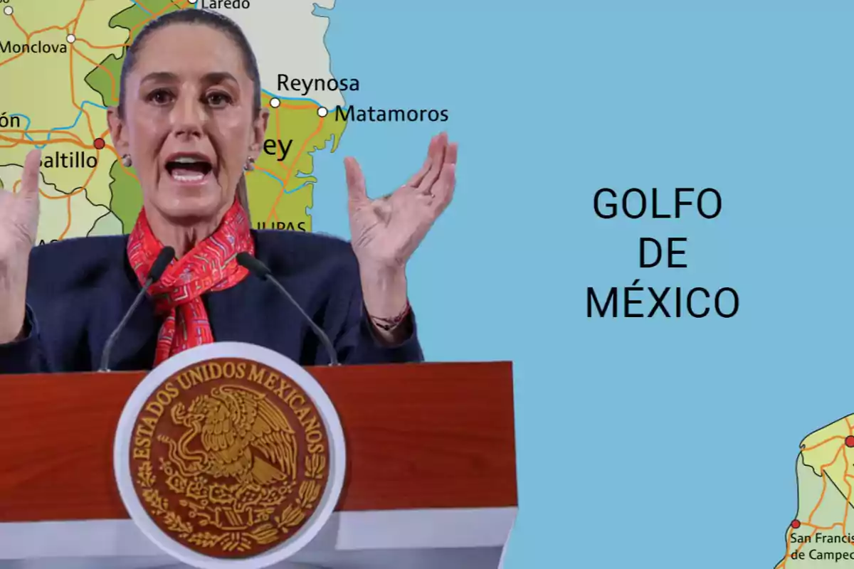 Una persona hablando en un podio con el escudo de México, con un mapa del noreste de México y el Golfo de México de fondo.