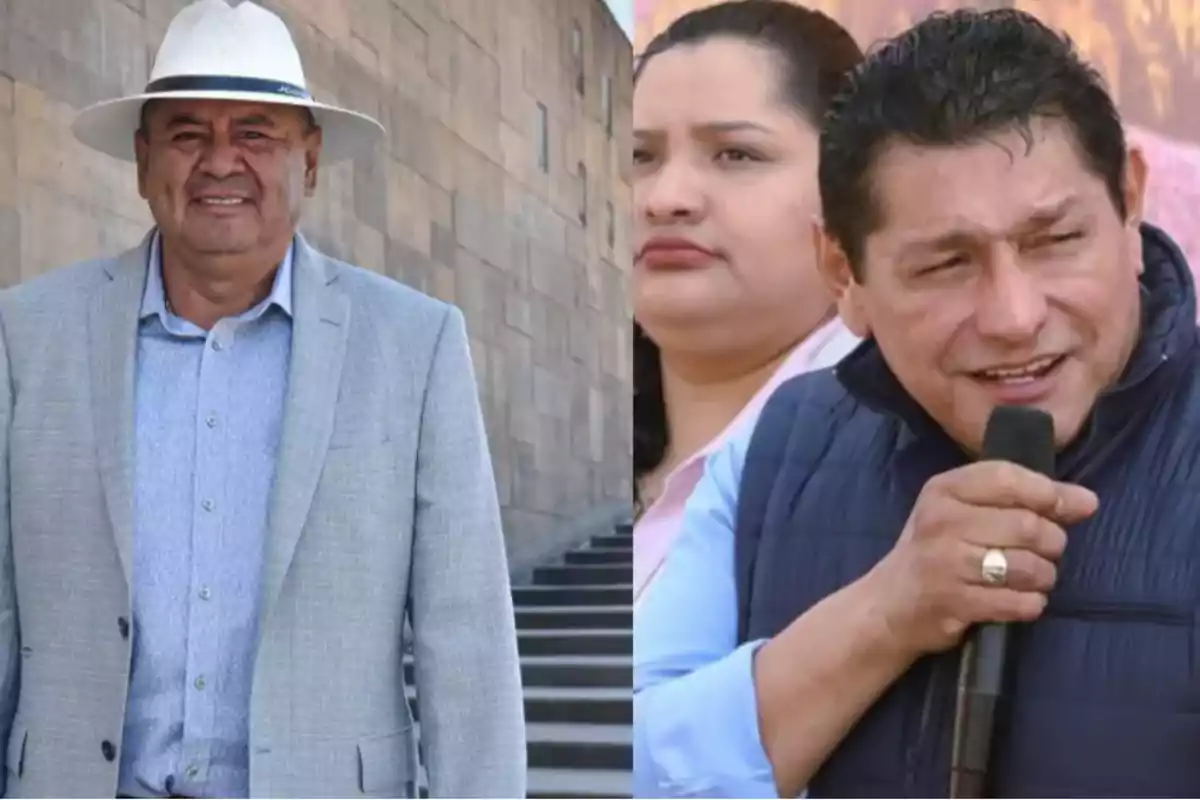 Personas posando en diferentes situaciones, una con sombrero y traje claro, y otra hablando por micrófono junto a una mujer.