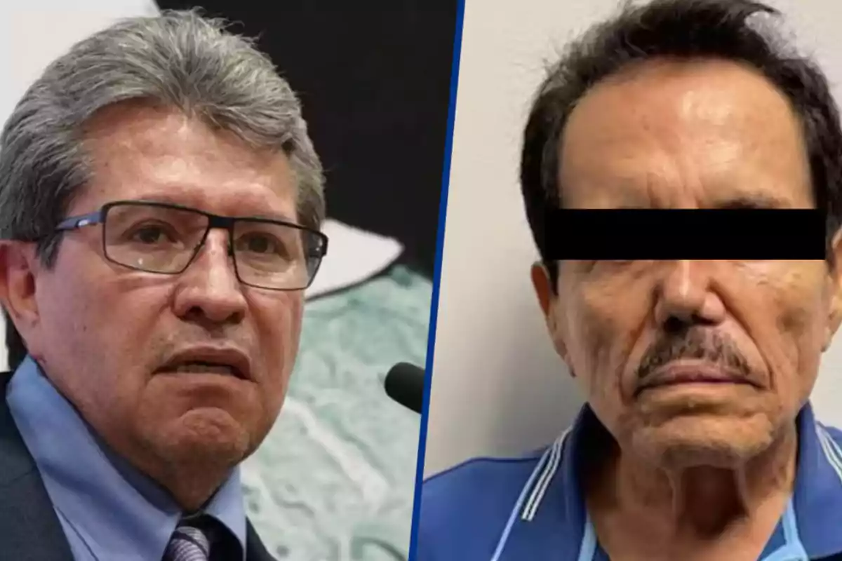 Dos hombres en una imagen dividida, uno con gafas y traje, el otro con una franja negra sobre los ojos.