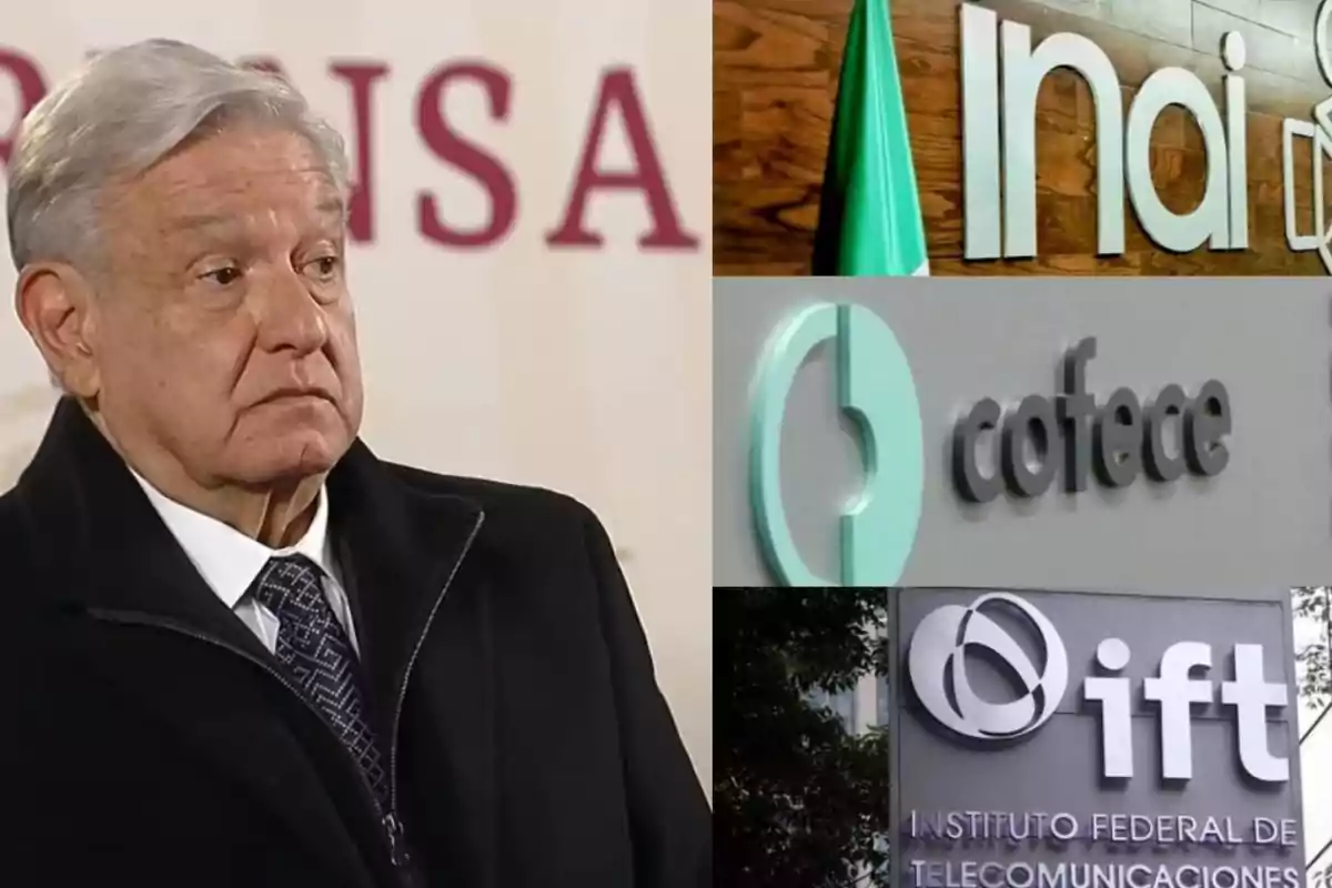 Un hombre de cabello canoso con expresión seria junto a logotipos de instituciones mexicanas como INAI, COFECE e IFT.