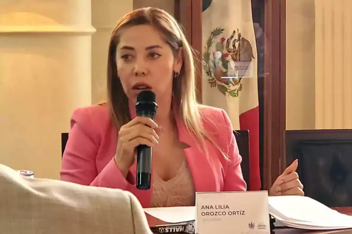 Una mujer con chaqueta rosa habla por un micrófono mientras está sentada en una mesa con documentos y una bandera de México al fondo.