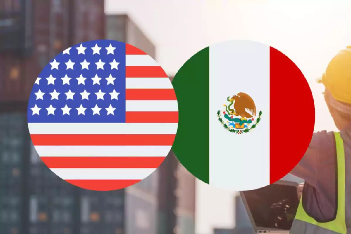 Banderas de Estados Unidos y México superpuestas con un fondo de edificios y una persona con casco y chaleco de seguridad.