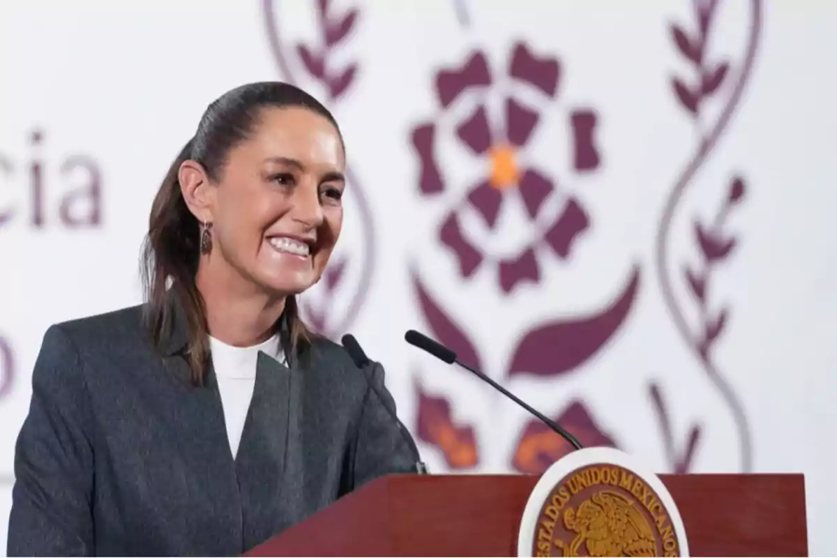 Una persona sonriente hablando en un podio con un emblema oficial en el frente.