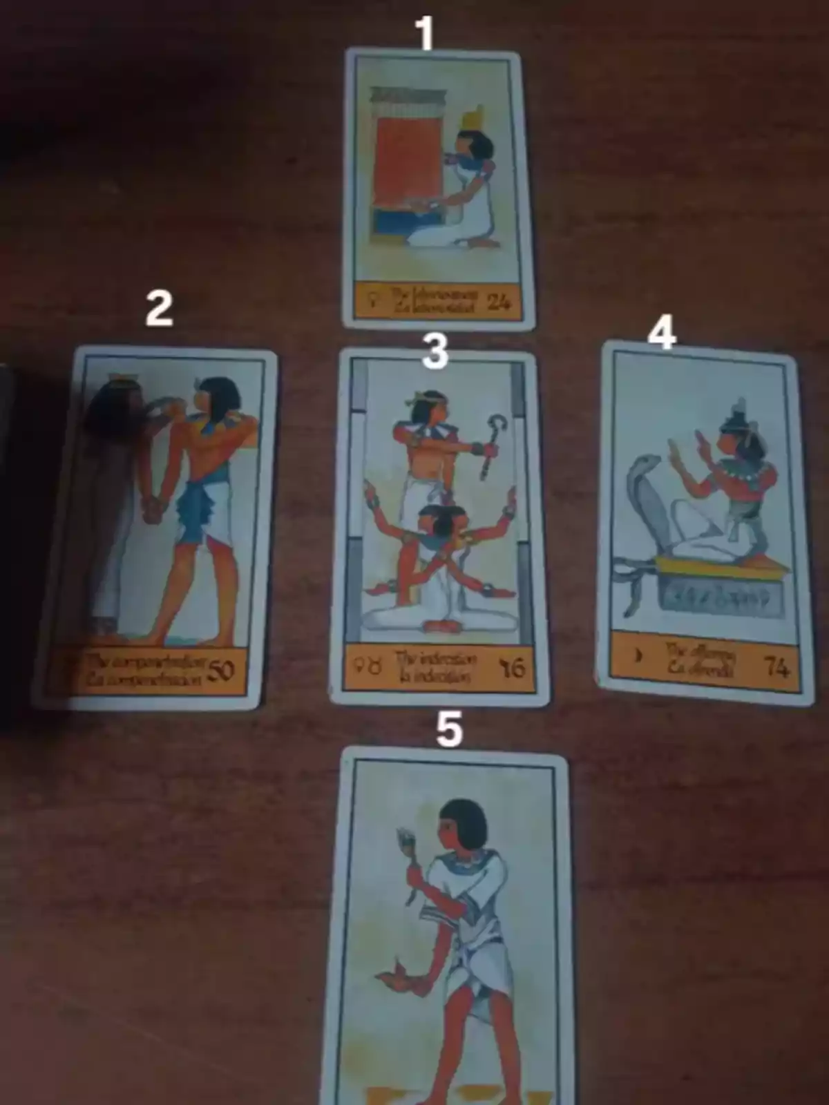 Five Egyptian tarot cards numbered from 1 to 5, with illustrations of Egyptian figures and texts at the bottom of each card.