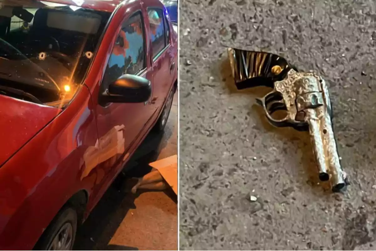 Un coche rojo con impactos de bala en el parabrisas y una pistola en el suelo.