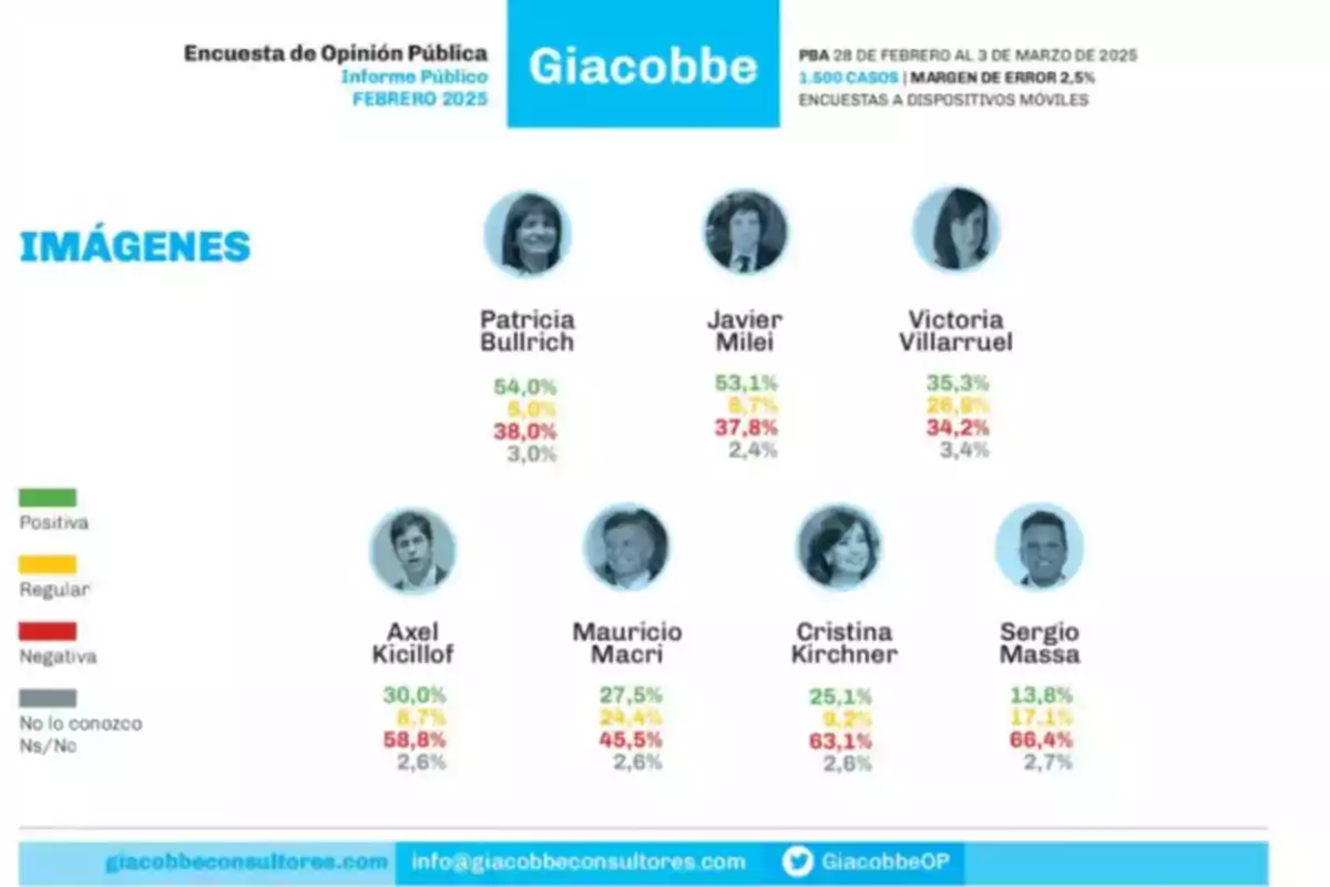 Encuesta de opinión pública de febrero de 2025 realizada por Giacobbe Consultores, mostrando las imágenes de Patricia Bullrich, Javier Milei, Victoria Villarruel, Axel Kicillof, Mauricio Macri, Cristina Kirchner y Sergio Massa, con porcentajes de opiniones positivas, regulares, negativas y desconocimiento, basada en 1500 casos con un margen de error del 2.5%.