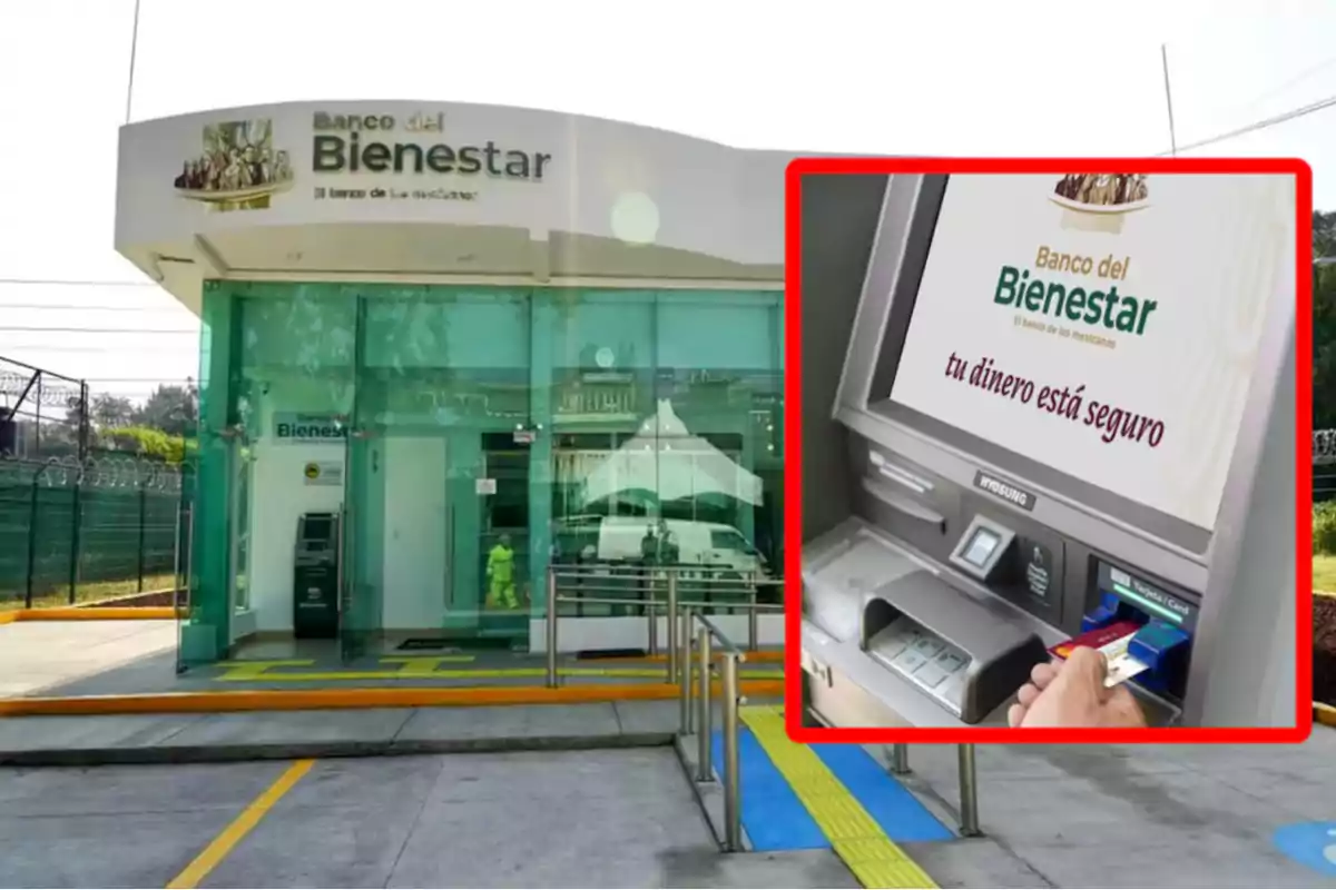 Una sucursal del Banco del Bienestar con un cajero automático en primer plano mostrando el mensaje "tu dinero está seguro".