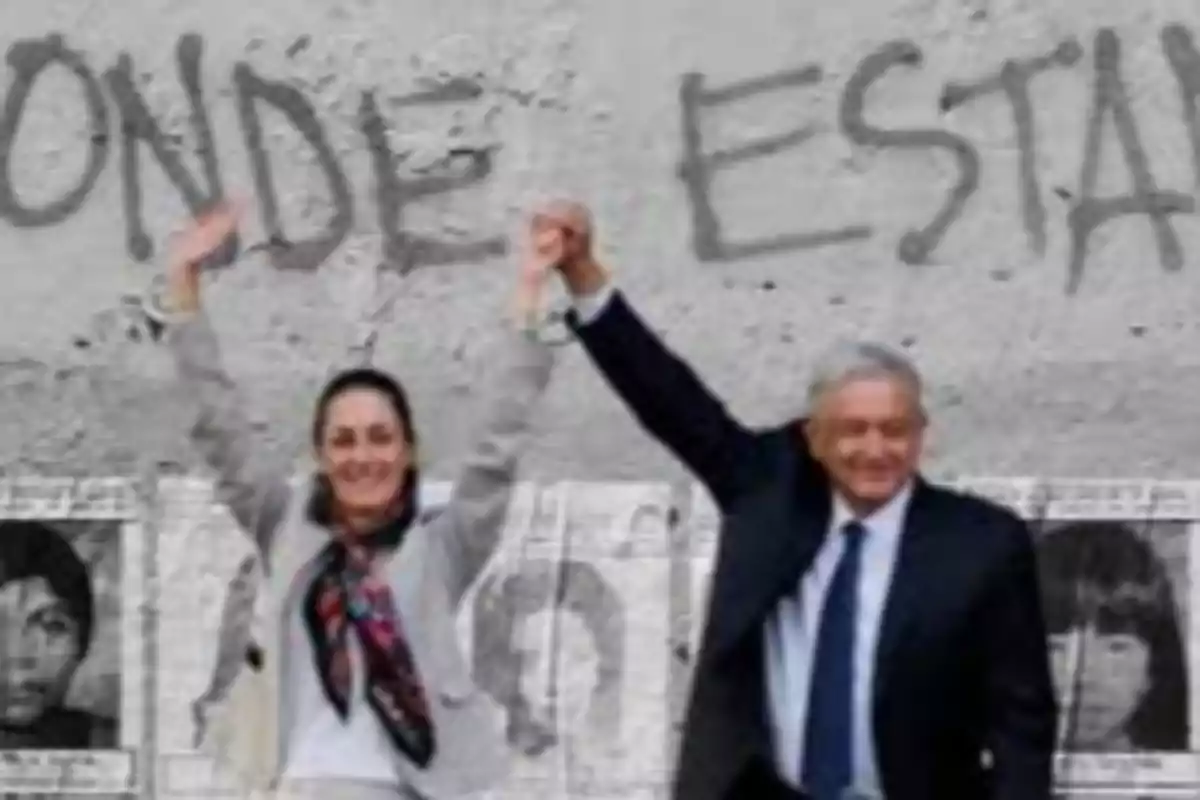 Two people raise their hands in front of a mural with the phrase "Where are they?" and black and white photos of faces.