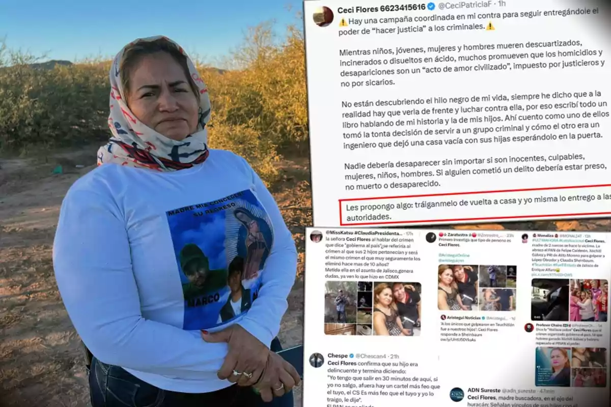 A woman with a headscarf and a t-jersey with images is standing outdoors next to screenshots of social media posts.