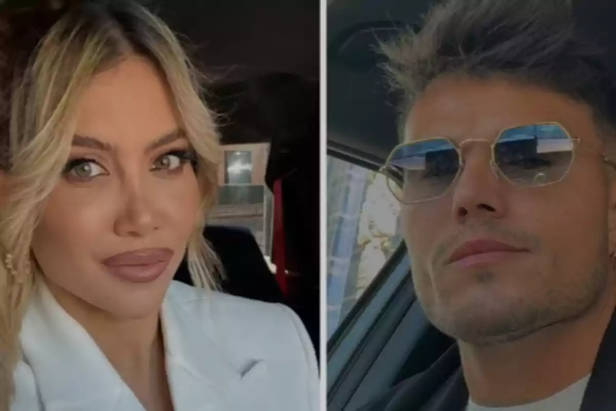 Two people posing for a selfie inside a car.