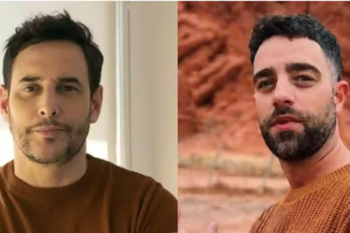 Two men with dark hair and beards, both wearing brown sweaters, one indoors with natural light and the other outdoors with a reddish earth background.