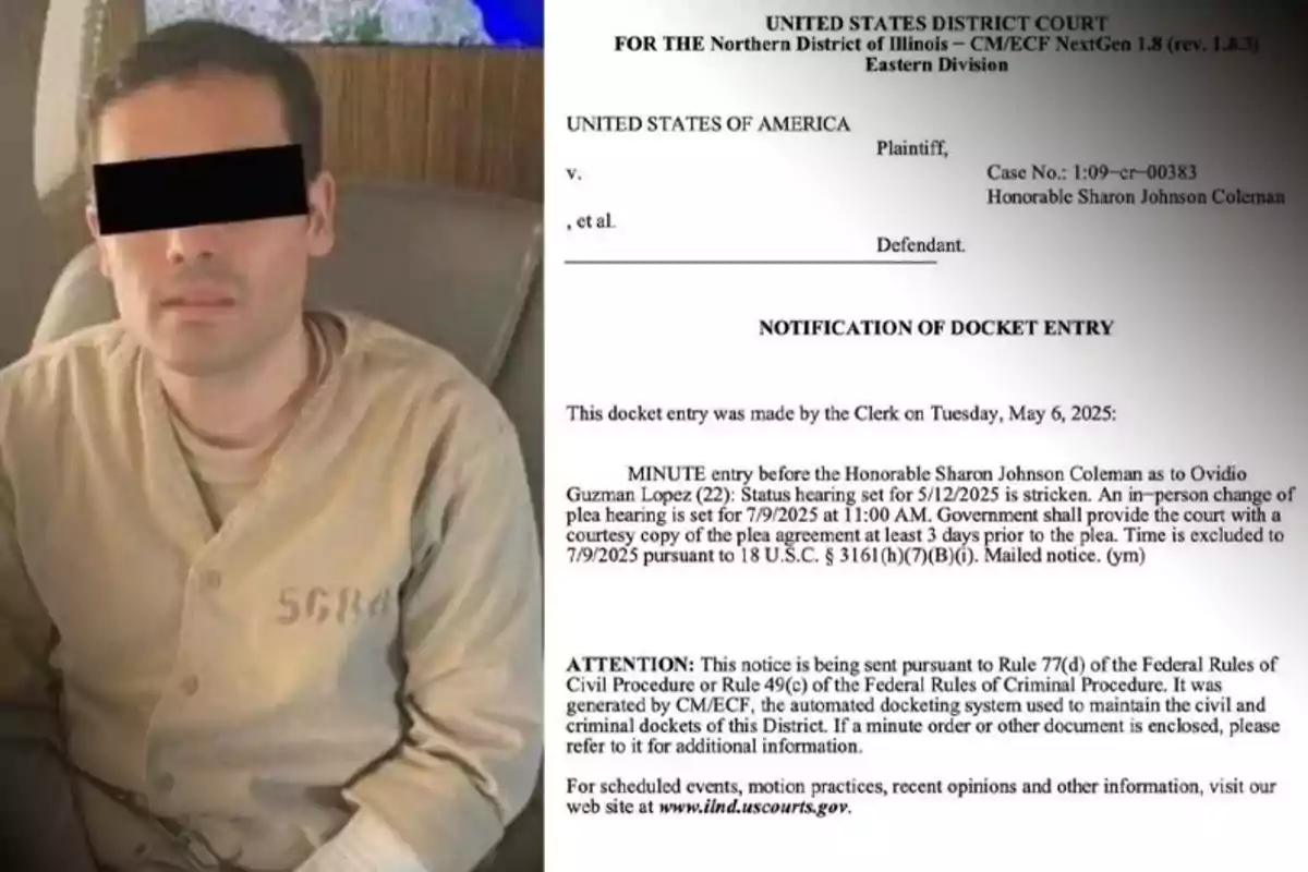 A man with his face covered by a black stripe is sitting in what appears to be the interior of an airplane, wearing a beige uniform with the letters "SCRJ" on the chest; to the right, there is a legal document from the United States District Court for the Northern District of Illinois, mentioning a notice of entry in the record related to a court case.