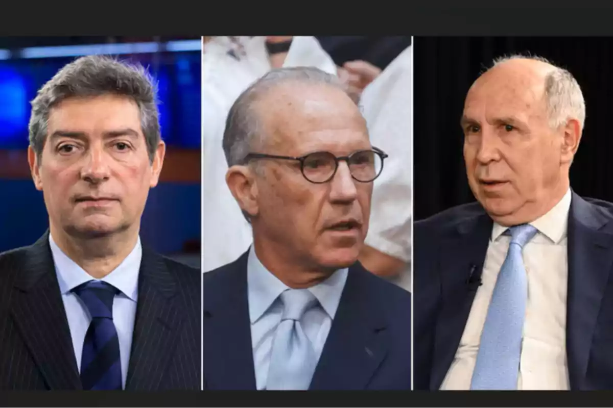 Tres hombres en trajes formales, cada uno en un recuadro separado, con expresiones serias. Tres hombres en trajes formales, cada uno en un recuadro separado, con expresiones serias.