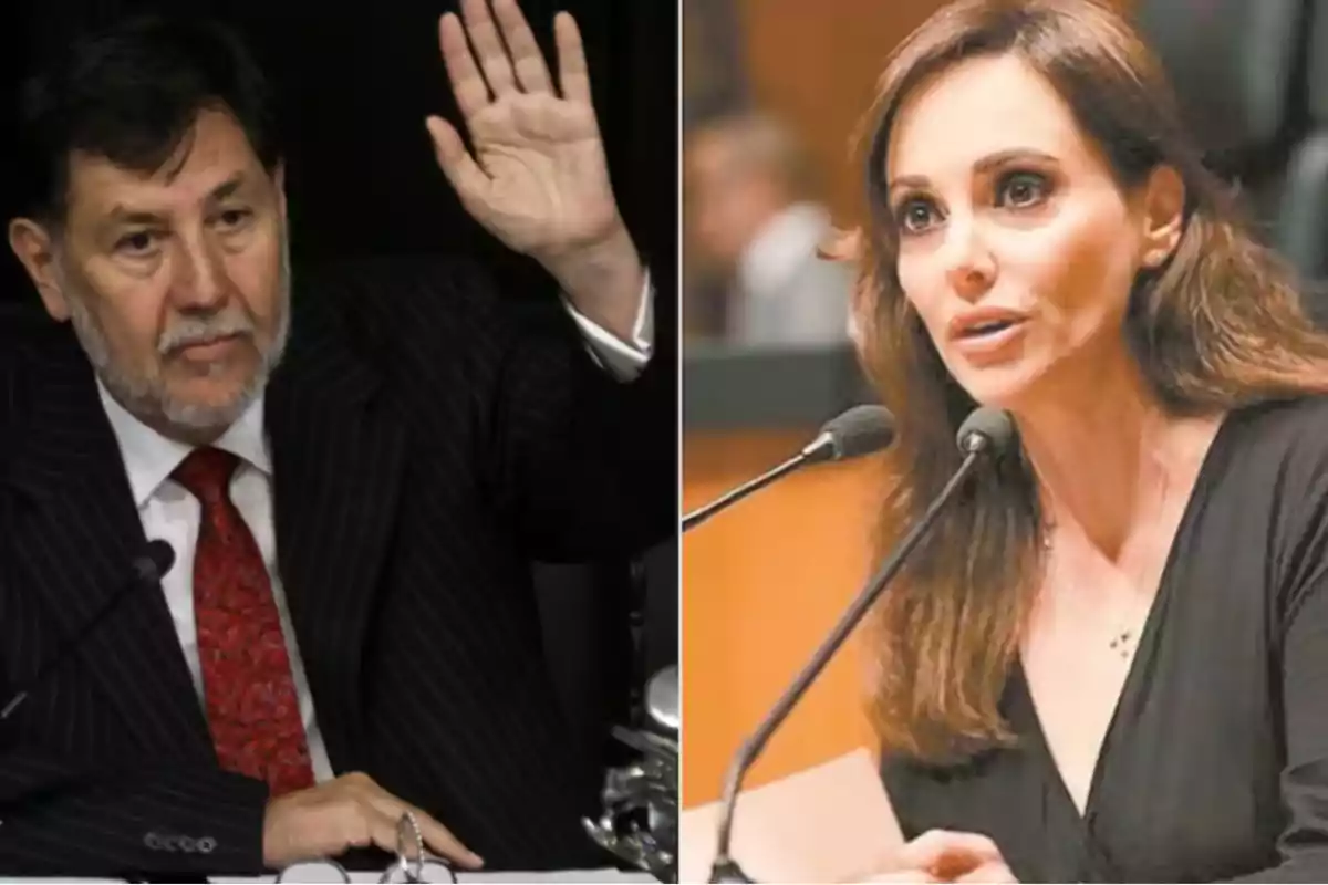 Dos personas en un entorno formal, una levantando la mano y la otra hablando frente a un micrófono. Dos personas en un entorno formal, una levantando la mano y la otra hablando frente a un micrófono.
