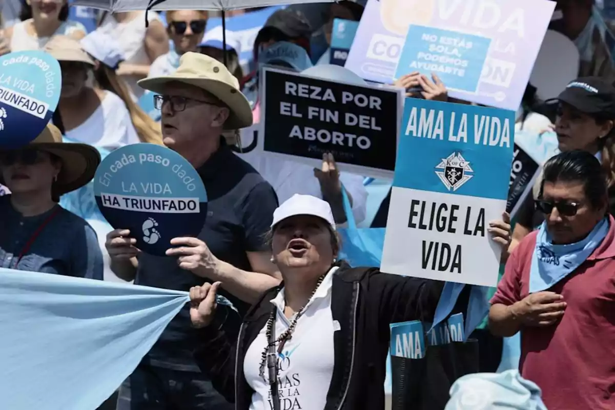 Un grupo de personas participa en una manifestación sosteniendo pancartas y carteles con mensajes a favor de la vida.