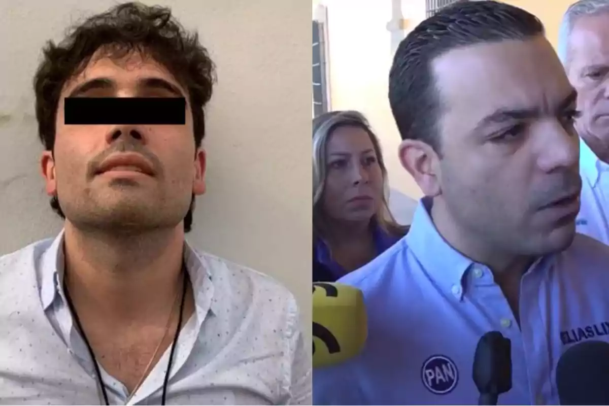 Dos imágenes lado a lado: a la izquierda, un hombre con los ojos cubiertos por una franja negra, mirando hacia arriba; a la derecha, un hombre con camisa azul claro con logotipo del PAN, hablando frente a micrófonos, acompañado de otras personas.