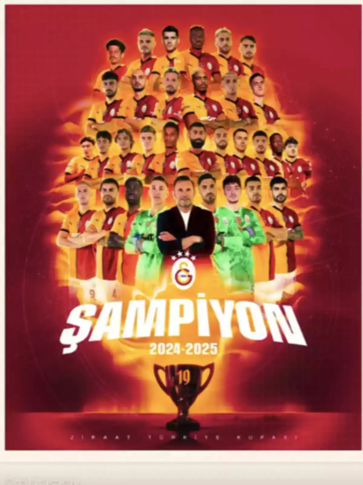 A group of players in red and yellow uniforms pose next to a trophy, with the text A group of players in red and yellow uniforms pose next to a trophy, with the text