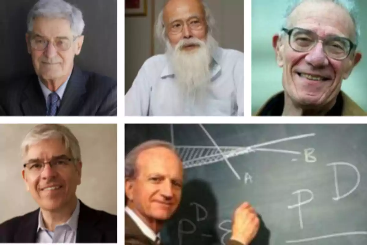Five older men, some with beards, pose in different photos; one of them is writing on a whiteboard.