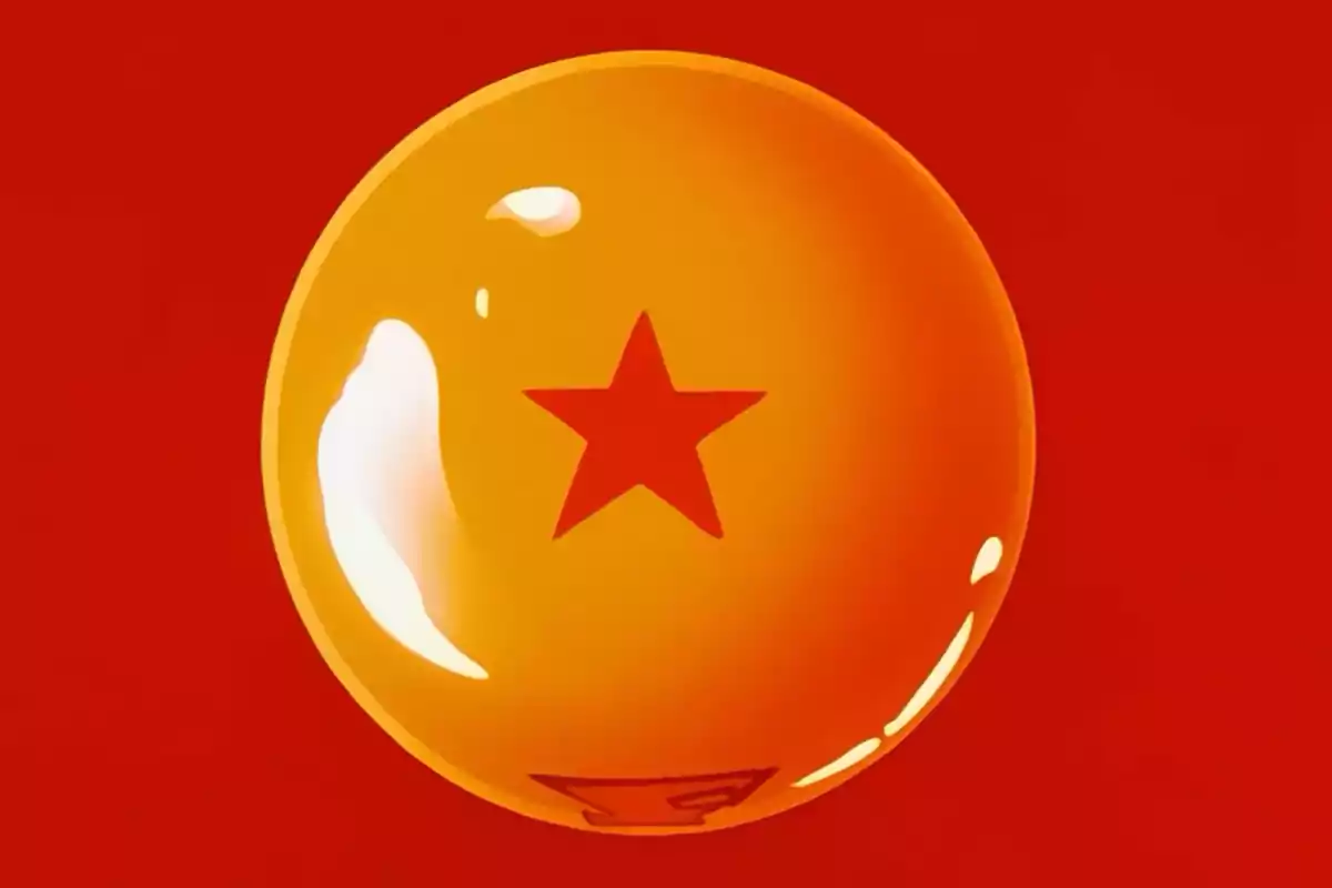 Una esfera naranja brillante con una estrella roja en el centro sobre un fondo rojo. Una esfera naranja brillante con una estrella roja en el centro sobre un fondo rojo.