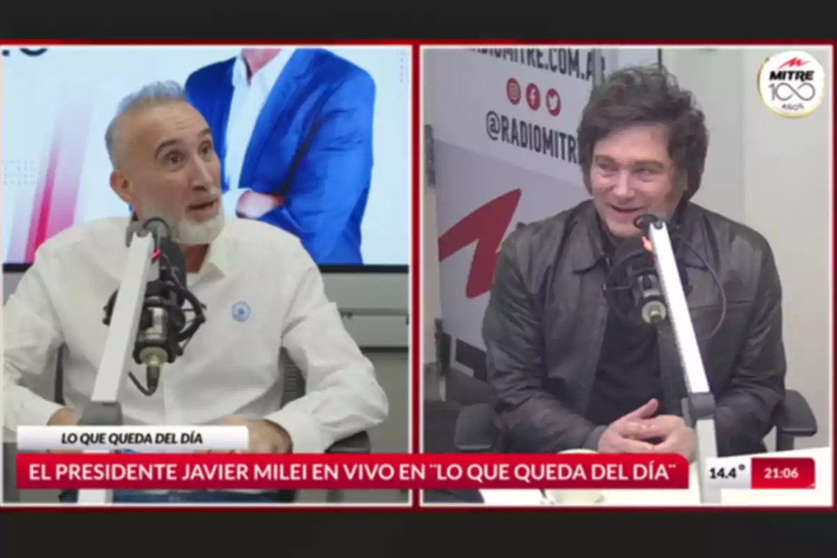Two people are talking in a radio studio, each in front of a microphone, with a background showing the Radio Mitre logo.