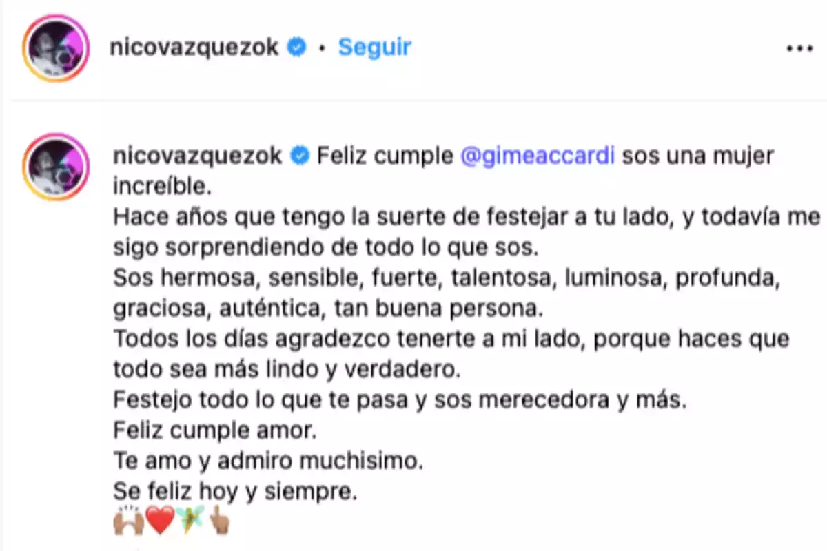 Publicación de Instagram donde una persona felicita a otra por su cumpleaños con un mensaje emotivo y palabras de admiración y amor Publicación de Instagram donde una persona felicita a otra por su cumpleaños con un mensaje emotivo y palabras de admiración y amor