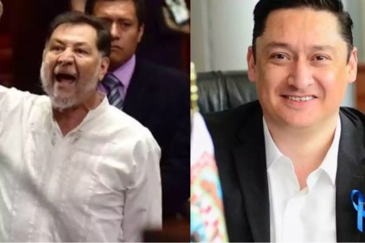 Dos hombres aparecen en la imagen, uno de ellos está gritando y viste una camisa blanca, mientras que el otro sonríe y lleva puesto un saco oscuro y camisa blanca.