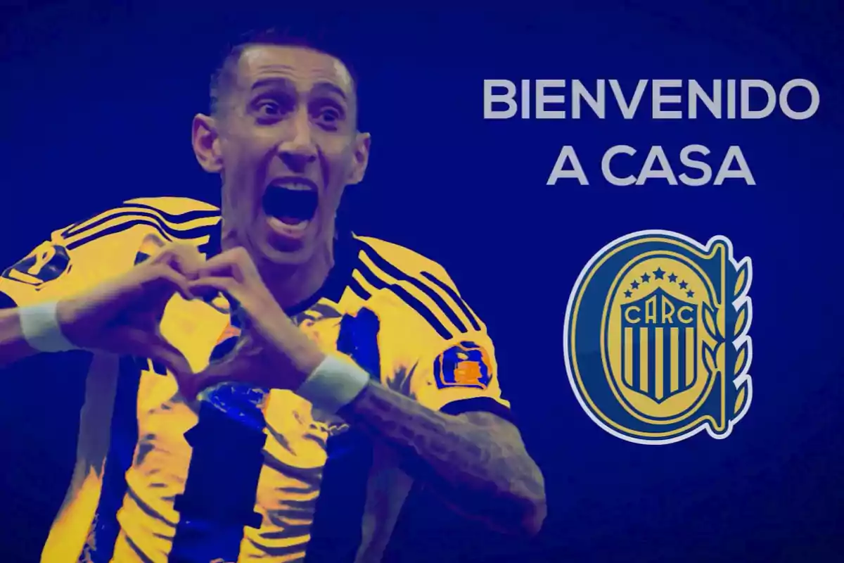 Futbolista celebrando con las manos en forma de corazón junto al escudo de Rosario Central y el texto Bienvenido a casa