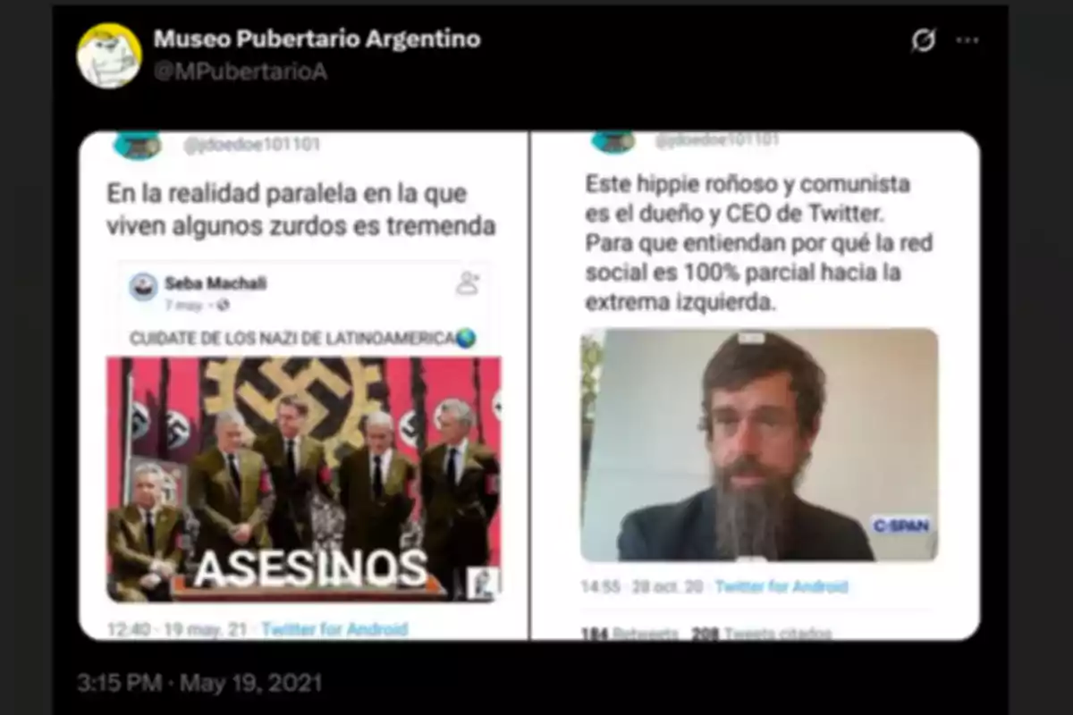 Captura de pantalla de un tuit del Museo Pubertario Argentino que muestra dos publicaciones, una con un montaje de políticos vestidos como nazis y la palabra Captura de pantalla de un tuit del Museo Pubertario Argentino que muestra dos publicaciones, una con un montaje de políticos vestidos como nazis y la palabra