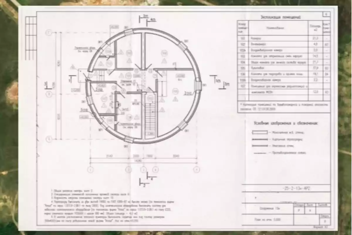 Plano arquitectónico de una edificación circular con divisiones internas y una tabla de especificaciones en ruso en la parte superior derecha Plano arquitectónico de una edificación circular con divisiones internas y una tabla de especificaciones en ruso en la parte superior derecha
