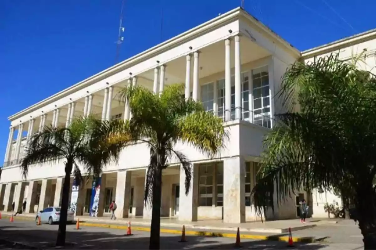 Two-story white building with columns and palm trees in front under a blue sky Two-story white building with columns and palm trees in front under a blue sky