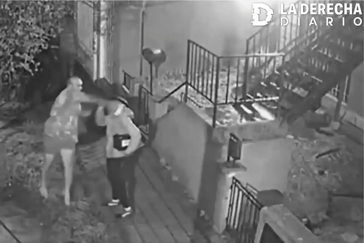Una persona agrede físicamente a otra en la entrada de un edificio durante la noche, captado por una cámara de seguridad.