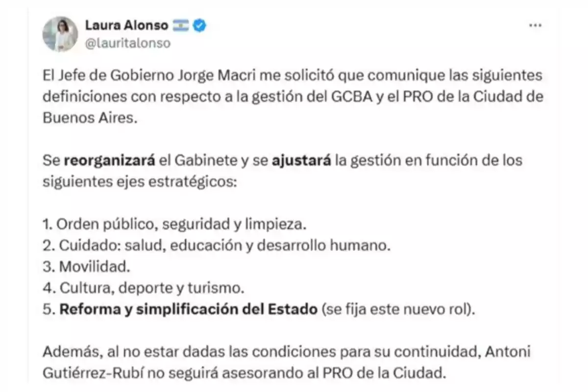 Publicación de Laura Alonso informando sobre la reorganización del gabinete y los nuevos ejes estratégicos de gestión en la Ciudad de Buenos Aires, incluyendo orden público, cuidado, movilidad, cultura y reforma del Estado, además de comunicar que Antoni Gutiérrez-Rubí no seguirá asesorando al PRO de la Ciudad Publicación de Laura Alonso informando sobre la reorganización del gabinete y los nuevos ejes estratégicos de gestión en la Ciudad de Buenos Aires, incluyendo orden público, cuidado, movilidad, cultura y reforma del Estado, además de comunicar que Antoni Gutiérrez-Rubí no seguirá asesorando al PRO de la Ciudad