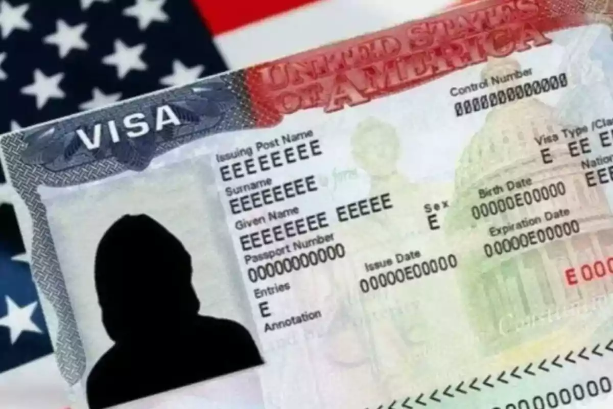 Visa estadounidense con datos personales ocultos y fondo de la bandera de Estados Unidos
