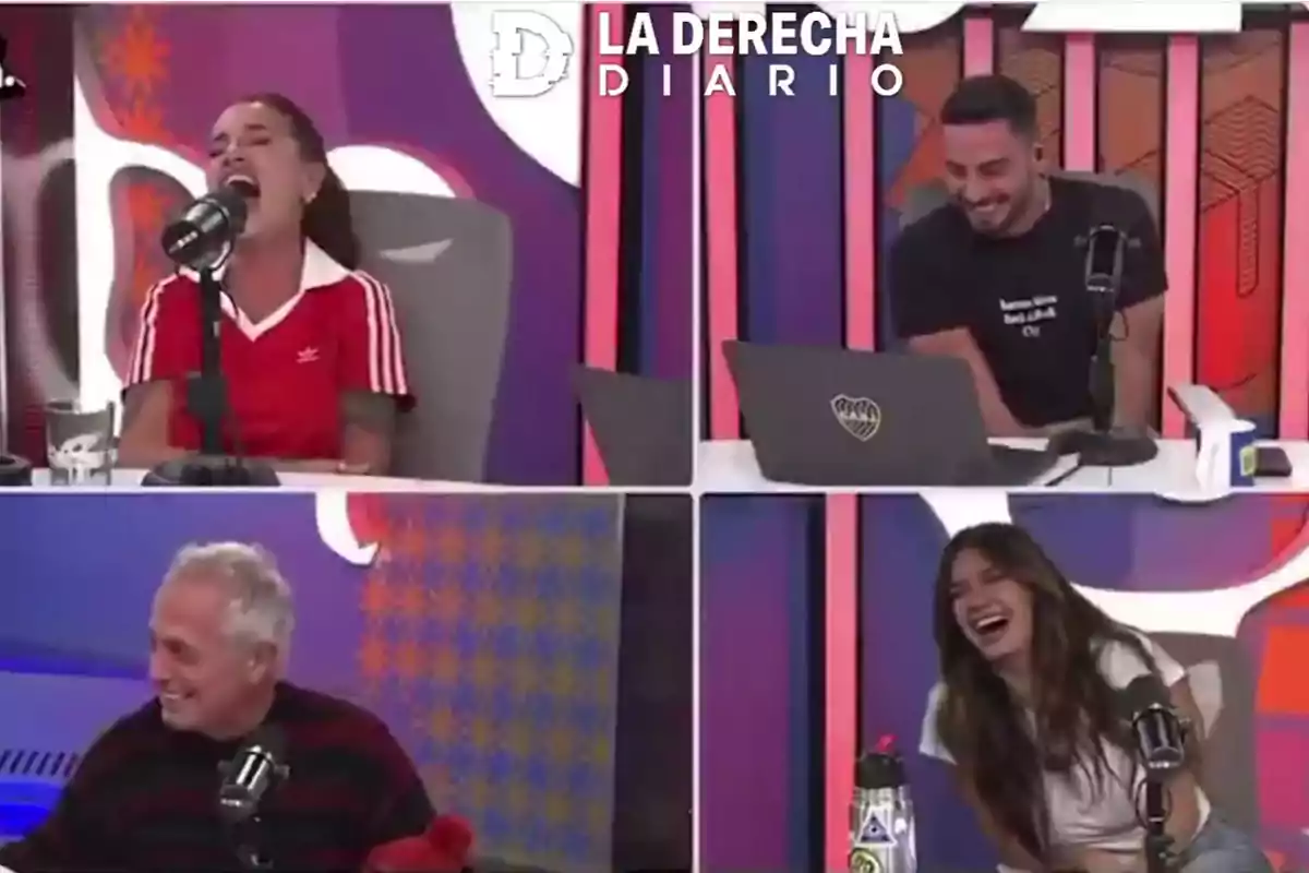 Four people in a radio studio laugh while talking in front of microphones and computers. Four people in a radio studio laugh while talking in front of microphones and computers.