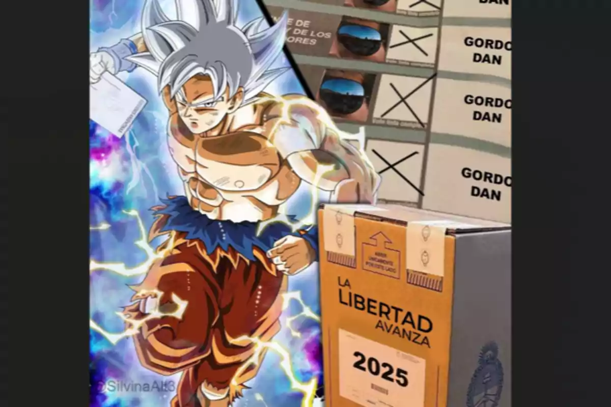 Goku en estado ultra instinto sosteniendo una boleta de votación junto a una urna electoral con el logo de La Libertad Avanza y el año 2025, al fondo una boleta con varias casillas marcadas y la palabra GORDO DAN repetida. Goku en estado ultra instinto sosteniendo una boleta de votación junto a una urna electoral con el logo de La Libertad Avanza y el año 2025, al fondo una boleta con varias casillas marcadas y la palabra GORDO DAN repetida.
