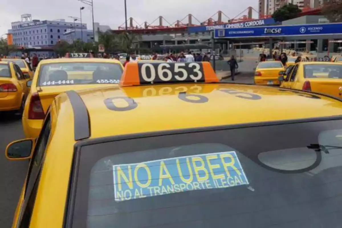 Several yellow taxis are parked in front of a bus terminal, and one of them has a sign on the rear window that says NO TO UBER NO TO ILLEGAL TRANSPORTATION.