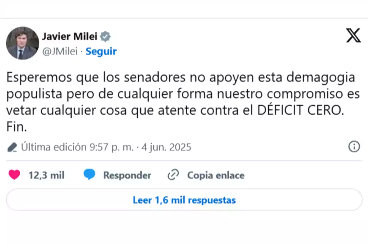 Post on a social network where a person expresses hope that senators will not support a measure they consider demagogic and reaffirms their commitment to veto anything that threatens the zero deficit.