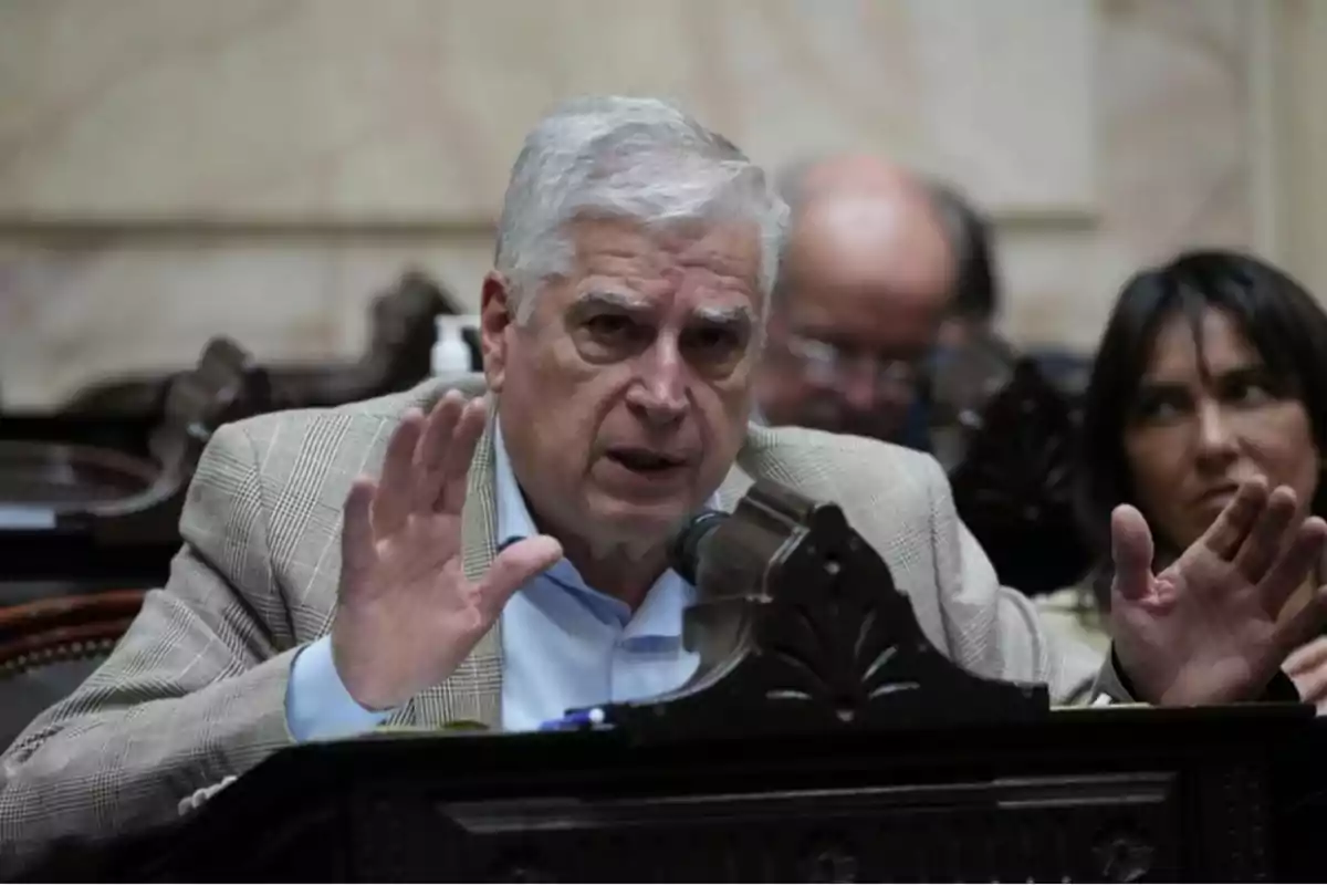 Gray-haired man speaking into a microphone in a parliamentary chamber with people in the background