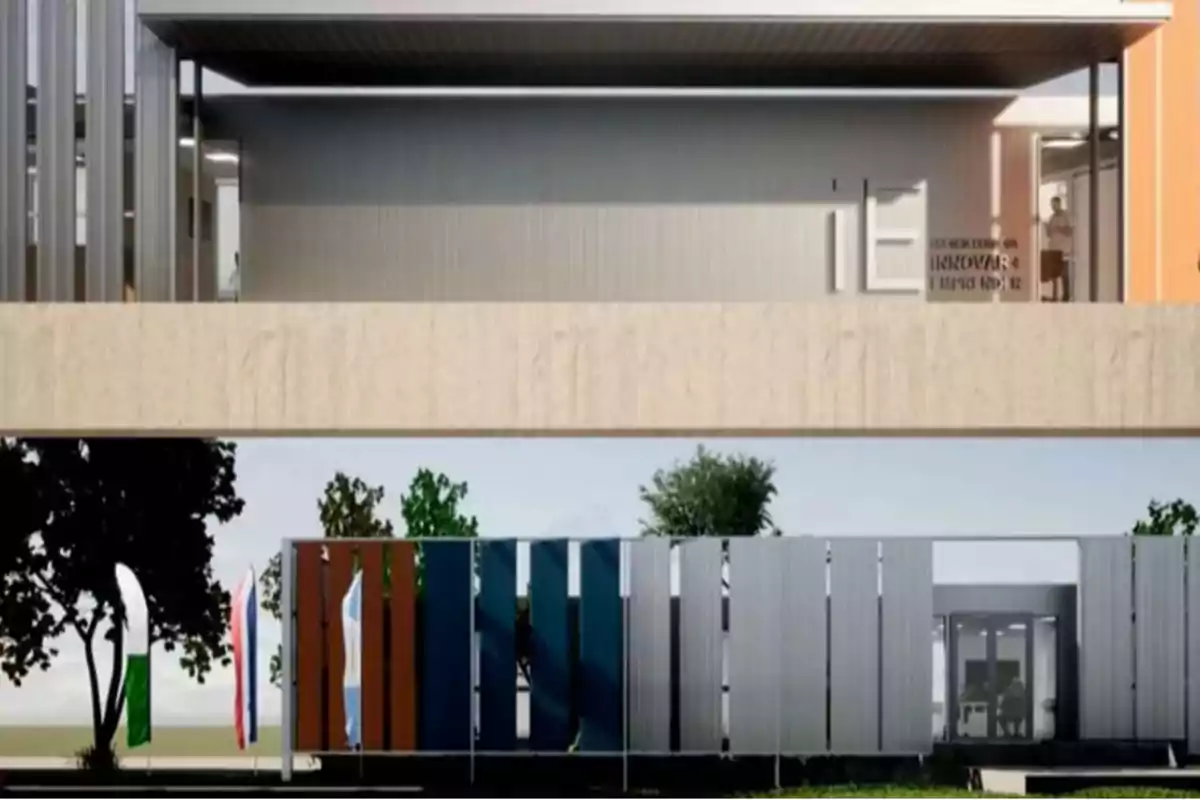 Modern two-story building with a facade of colorful vertical panels and trees in front