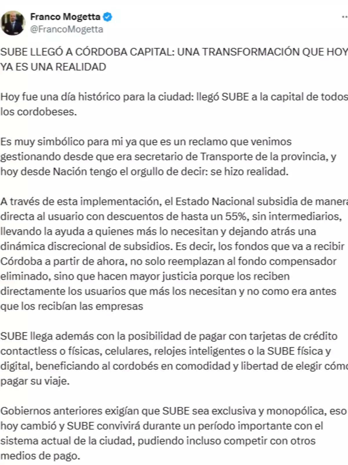 Publicación en Twitter de Franco Mogetta anunciando la llegada de la tarjeta SUBE a Córdoba Capital Publicación en Twitter de Franco Mogetta anunciando la llegada de la tarjeta SUBE a Córdoba Capital