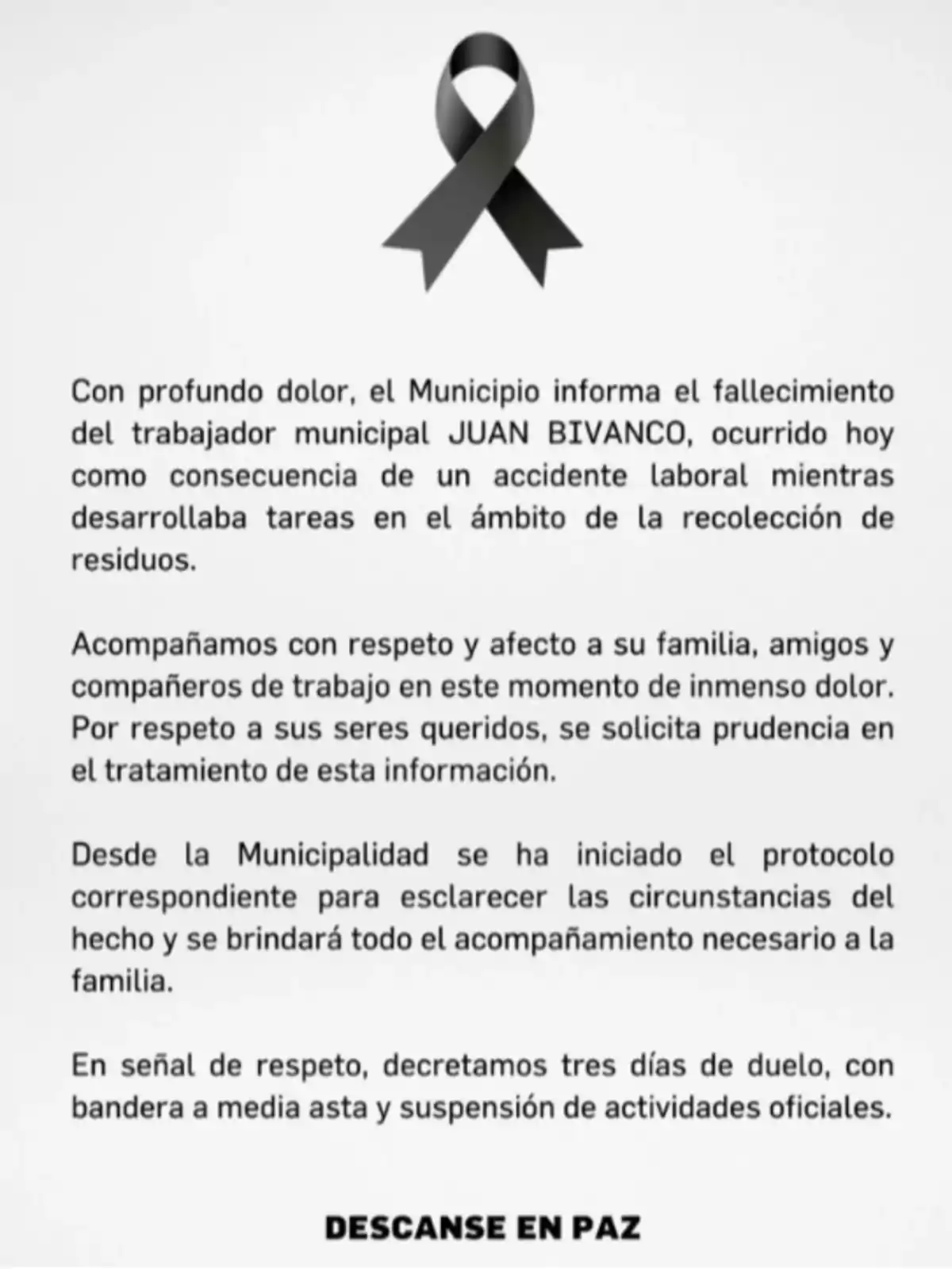 Comunicado oficial del municipio expresando condolencias por el fallecimiento de Juan Bivanco Comunicado oficial del municipio expresando condolencias por el fallecimiento de Juan Bivanco