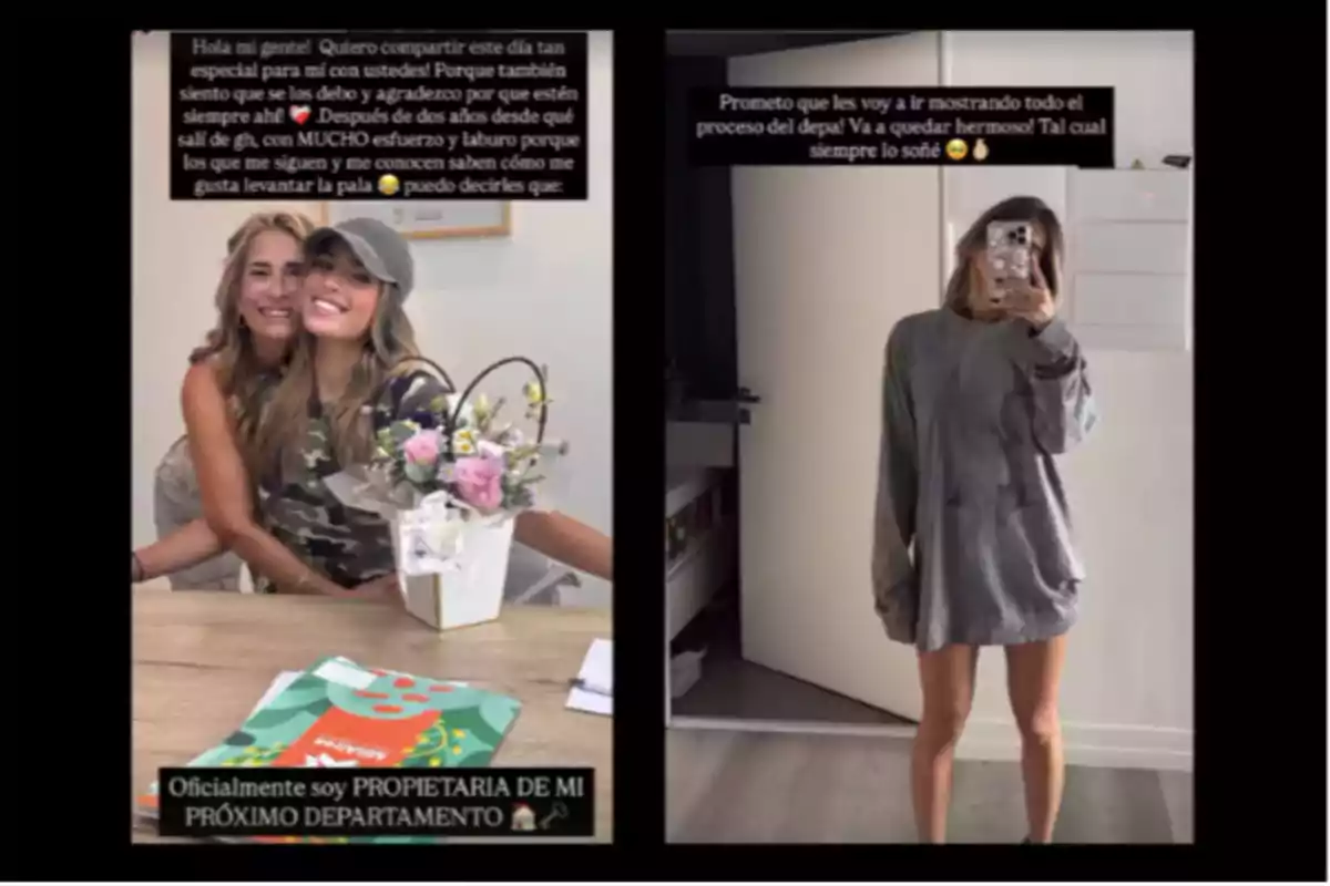 Dos mujeres sonríen sentadas junto a una mesa con flores y carpetas, mientras en la otra mitad de la imagen una joven se toma una selfie frente a un espejo usando una camiseta larga en lo que parece ser un departamento nuevo Dos mujeres sonríen sentadas junto a una mesa con flores y carpetas, mientras en la otra mitad de la imagen una joven se toma una selfie frente a un espejo usando una camiseta larga en lo que parece ser un departamento nuevo