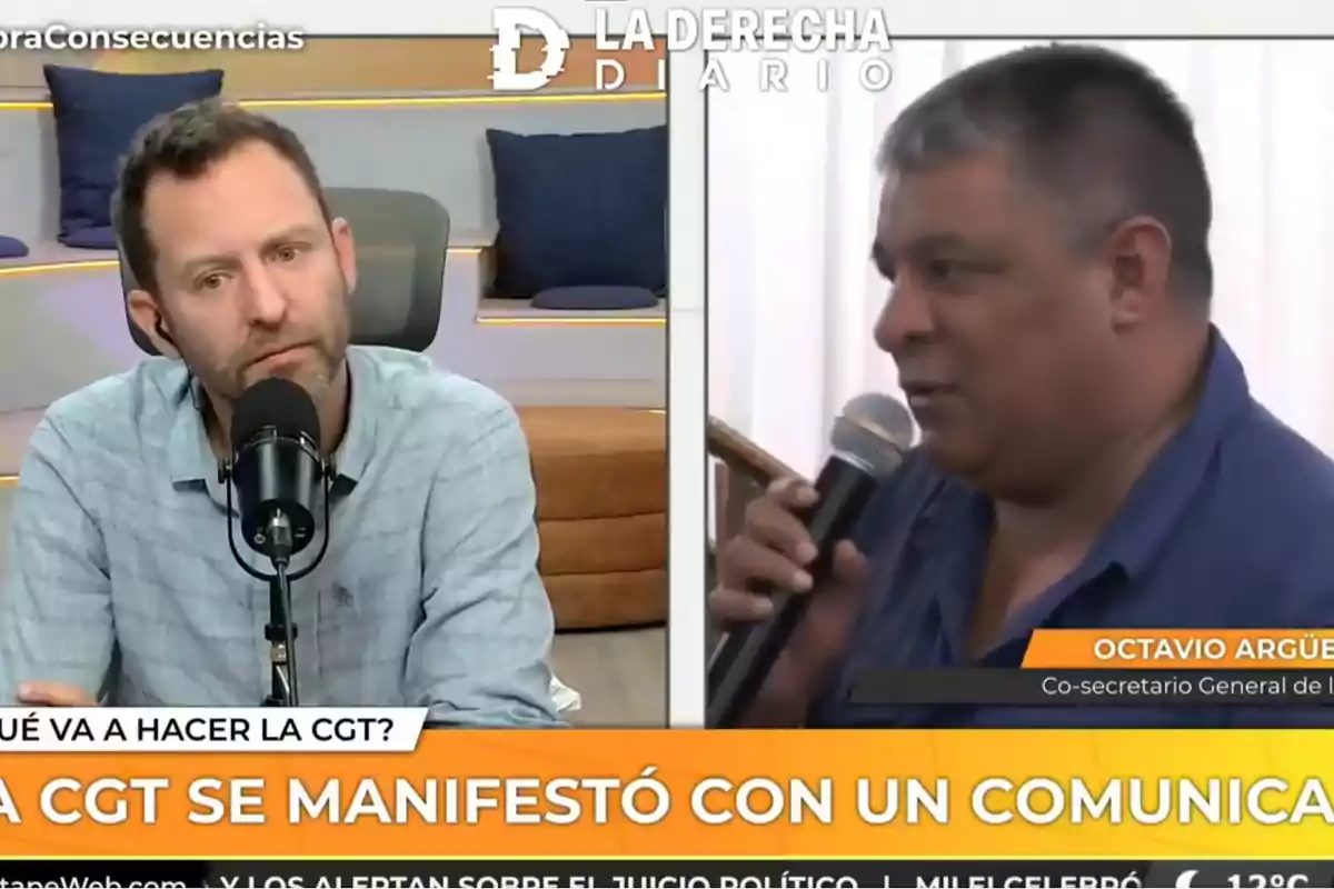 Dos hombres participan en una entrevista dividida en pantalla uno de ellos está frente a un micrófono en un estudio y el otro sostiene un micrófono mientras habla Dos hombres participan en una entrevista dividida en pantalla uno de ellos está frente a un micrófono en un estudio y el otro sostiene un micrófono mientras habla