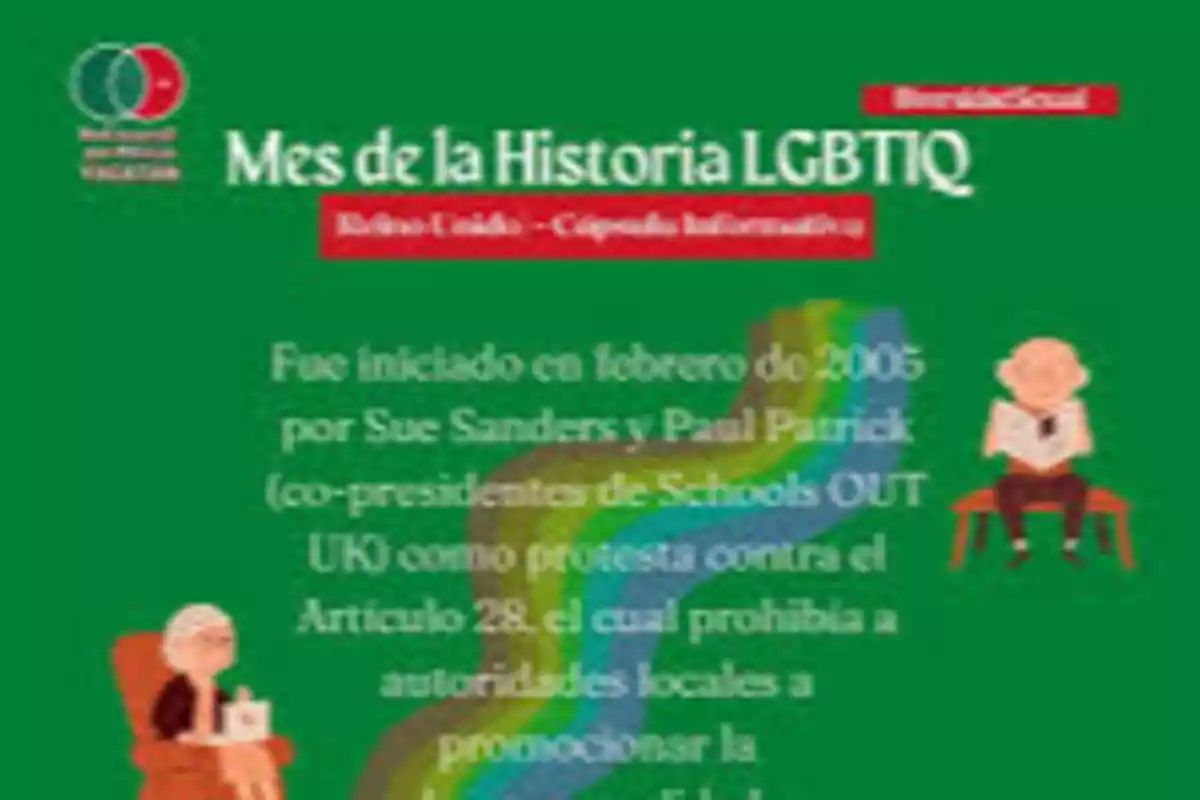 Imagen con fondo verde que contiene texto sobre el Mes de la Historia LGBTIQ, con ilustraciones de dos personas mayores sentadas leyendo y un diseño de arcoíris en el centro. Imagen con fondo verde que contiene texto sobre el Mes de la Historia LGBTIQ, con ilustraciones de dos personas mayores sentadas leyendo y un diseño de arcoíris en el centro.